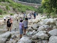 河原で思い思いに生き物をさがしています。